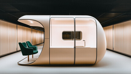 Poster - Modern Relaxation Pod: A sleek, futuristic relaxation pod, a tranquil haven of modern design, invites one to unwind within the soothing embrace of a thoughtfully crafted interior.