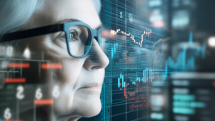 Poster - Visionary in Finance: A focused businesswoman contemplates financial charts. reflecting on investment strategy. the determination in her eyes, combined with the dynamic display.