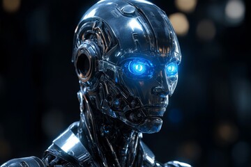 Aufkleber - Futuristic humanoid robot with glowing blue eyes stands in a high-tech environment showcasing advanced artificial intelligence design