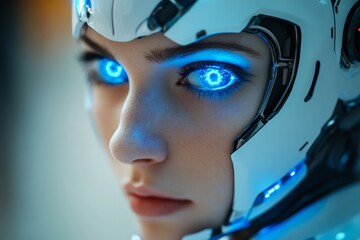 Aufkleber - Close-up of a futuristic humanoid robot with glowing blue eyes, showcasing advanced technology and design in a modern setting