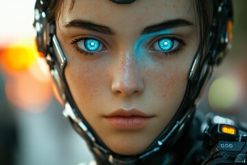 Fototapete - Futuristic portrait of a humanoid with glowing blue eyes and advanced cybernetic features in an urban environment