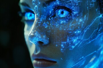 Aufkleber - Futuristic close-up of a woman with glowing blue eyes and digital circuitry patterns on her face