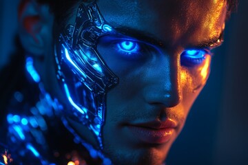 Fototapete - Futuristic cyborg with glowing blue eyes and metallic features in a neon-lit environment
