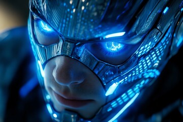 Poster - High-tech cyborg with glowing blue eyes observing surroundings in a futuristic urban environment