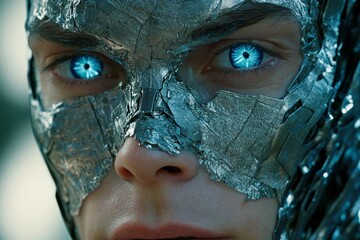 Poster - Close-up of a character with metallic features and bright blue eyes showing emotions in a futuristic setting