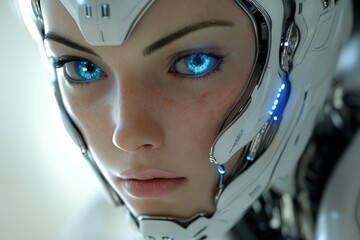 Aufkleber - Futuristic humanoid robot with luminous blue eyes explores advanced technology in a sleek, high-tech environment