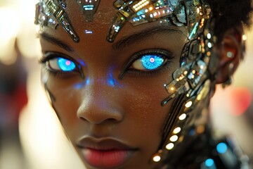 Aufkleber - Futuristic cyborg with glowing blue eyes showcases advanced technology in a vibrant urban setting