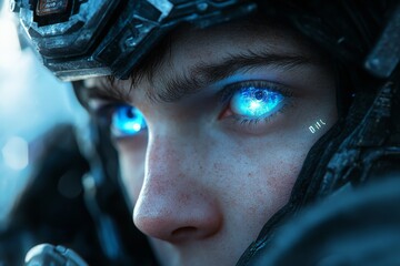 Poster - Futuristic warrior with glowing blue eyes in high-tech armor engaged in a battle scene