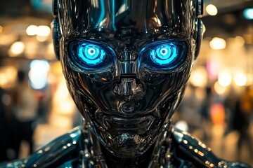 Poster - Realistic humanoid robot with striking blue eyes captured in a futuristic urban environment at night