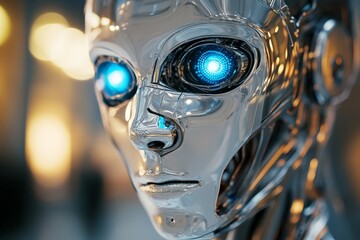 Fototapete - Reflective robot with glowing blue eyes in a futuristic setting showcasing advanced technology