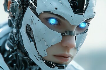 Aufkleber - Close-up of a futuristic humanoid robot with glowing blue eyes in a high-tech environment during daylight