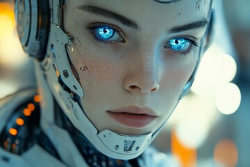 Aufkleber - Futuristic humanoid robot with glowing blue eyes observing surroundings in a high-tech environment