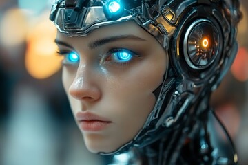 Aufkleber - Cybernetic figure with glowing blue eyes showcases advanced technology in a futuristic environment
