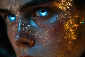 Aufkleber - Person with shimmering glitter on skin and vivid blue eyes glowing amidst colorful lights at night