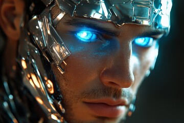 Fototapete - Futuristic cyborg with glowing blue eyes showcases advanced technology and design in a close-up view