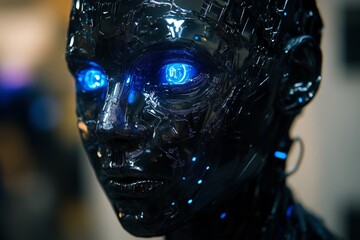 Fototapete - Intricate robotic face with glowing blue eyes showcases advanced technology and design details in a modern setting
