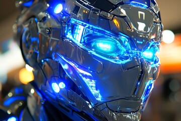 Aufkleber - Metallic robot with glowing blue lights in a futuristic setting at a technology expo