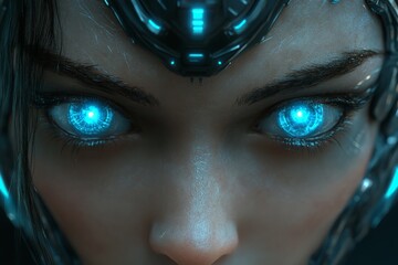 Poster - Futuristic close-up of a character with glowing blue cybernetic eyes and intricate technology