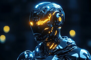 Poster - Futuristic robotic figure showcasing advanced technology and glowing elements in a dark, illuminated environment