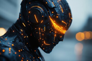 Poster - Futuristic robot with glowing features stands in an urban environment at dusk