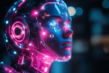 Aufkleber - Cyborg head illuminated with vibrant neon colors in a futuristic setting