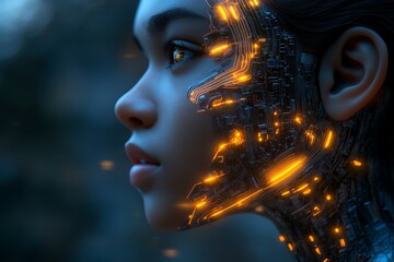 Poster - Futuristic portrait of a girl with cybernetic features illuminated by glowing circuitry