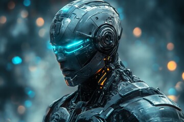 Poster - Futuristic robotic figure with glowing blue accents in an abstract technological environment