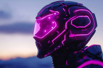 Poster - Futuristic humanoid helmet with glowing features at sunset in a mountainous landscape