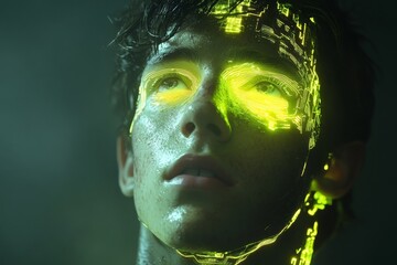 Aufkleber - Young person with glowing digital face in futuristic environment showcasing technology and emotions