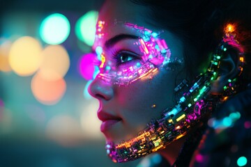 Poster - Futuristic portrait of a woman with neon circuit patterns on her face in an urban setting at night