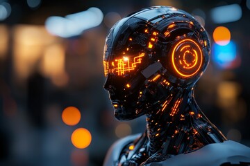 Aufkleber - Futuristic robotic figure with luminous features standing in a modern tech environment at night