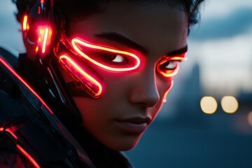 Aufkleber - Futuristic portrait of a young woman with neon glowing facial enhancements at dusk in an urban setting