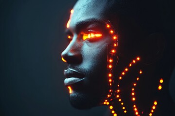 Leinwandbilder - man with glowing circuit patterns on face and neck in dark background explores technology and identi