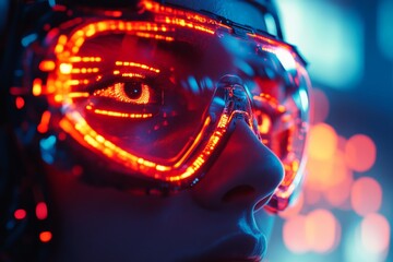 Aufkleber - Intricate design of futuristic goggles capturing a woman’s intense gaze in a vibrant neon environment