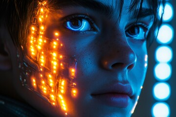 Fototapete - Boy with luminous circuits on his face, showcasing advanced technology and vibrant lighting in a futuristic setting