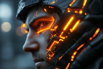 Poster - Close-up of a futuristic cybernetic face with glowing orange accents and intense expression in a dimly lit urban environment