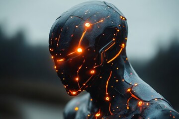 Aufkleber - Futuristic robot with glowing features stands against a blurred landscape
