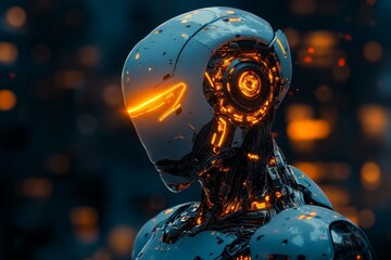 Poster - Futuristic robot character with glowing elements in a neon-lit urban environment at night