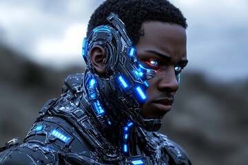 Poster - Futuristic humanoid robot with glowing blue elements stands against a cloudy sky during twilight