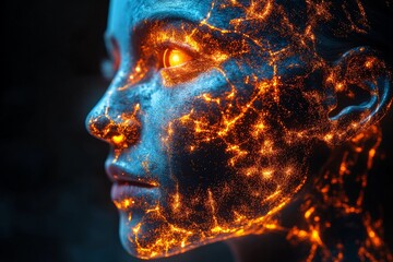 Aufkleber - Woman's face illuminated by glowing blue and orange lights in an artistic display, creating a striking visual effect at night