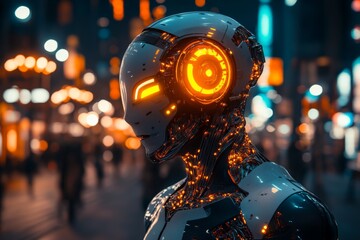 Poster - Futuristic robot with glowing features stands in a vibrant urban setting during nighttime