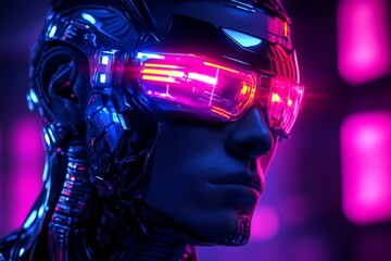 Fototapete - Futuristic humanoid figure with glowing glasses under neon lights in an urban environment