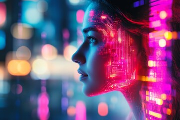 Poster - Woman with digital circuitry and colorful lights in futuristic urban setting