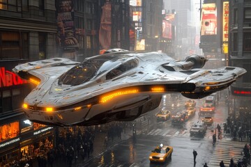 Poster - Futuristic spaceship hovers above busy street in an urban setting on a rainy day