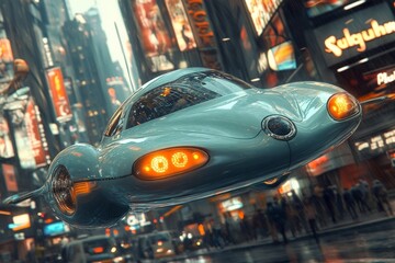 Poster - Futuristic flying car glides through a bustling cityscape during a vibrant night in Times Square