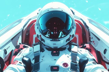 Poster - Astronaut inside a futuristic spacecraft cockpit surrounded by high-tech controls and a bright blue background