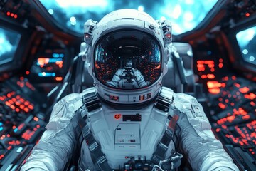 Poster - Astronaut in a futuristic spacecraft cockpit surrounded by glowing control panels and high-tech equipment