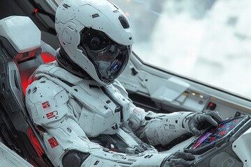 Poster - Astronaut operates advanced control panel in futuristic spacecraft during a deep space mission