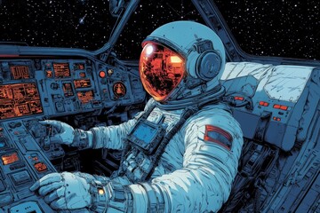 Poster - Astronaut controls spacecraft while navigating through outer space on a journey of exploration and discovery