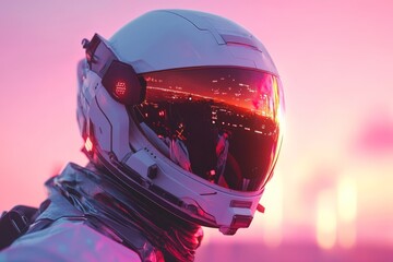 Poster - Astronaut in reflective helmet gazes at vibrant sunset over futuristic cityscape